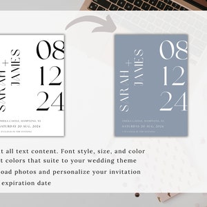 May include: Two wedding invitation templates with a minimalist design. The first template is white with black text, and the second template is light blue with white text. Both templates feature the names "Sarah + James" and the date "08 12 24".