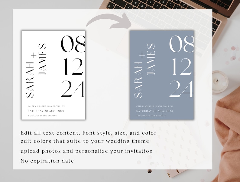 May include: Two wedding invitation templates with a minimalist design. The first template is white with black text, and the second template is light blue with white text. Both templates feature the names "Sarah + James" and the date "08 12 24".