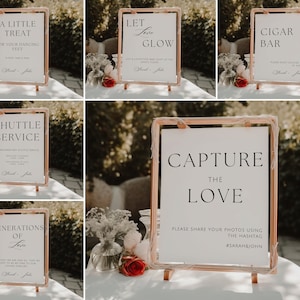 Pode incluir: Um conjunto de nove placas de casamento com fundo branco e texto preto em molduras douradas. As placas incluem informa&ccedil;&otilde;es sobre um servi&ccedil;o de transporte, um bar de charutos, um mimo para os p&eacute;s que dan&ccedil;am, um pedido para capturar o amor com uma hashtag e uma mensagem sobre gera&ccedil;&otilde;es de amor.