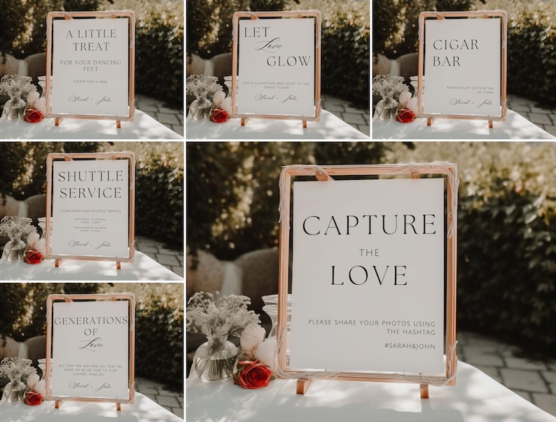 Pode incluir: Um conjunto de nove placas de casamento com fundo branco e texto preto em molduras douradas. As placas incluem informa&ccedil;&otilde;es sobre um servi&ccedil;o de transporte, um bar de charutos, um mimo para os p&eacute;s que dan&ccedil;am, um pedido para capturar o amor com uma hashtag e uma mensagem sobre gera&ccedil;&otilde;es de amor.