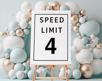 Sjabloon snelheidslimiet 4 welkomstbord, bord voor verjaardagsfeestje raceauto NODIG VIER SNELHEID, 4 Speedy Year afdrukbaar decor, bord snelheidslimiet 4,