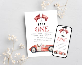 Fast One Birthday Invitation, First Birthday, Retro Race Car First Birthday Party Decorations, Fast One Birthday, Vintage Blue Racing Car