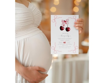 Cherry Baby Shower Invitation, Cherry on top Invite Set, Coquette Pink Bow Berries, Girl Baby Shower, Editable Instant Download, Ch3