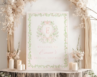 Pink Chinoiserie Monogram Bridal Shower Welcome sign, Bridal Shower, Floral Crest bridal shower, Victorian French Toile De Jouy Welcome sign