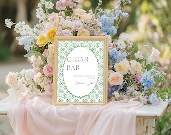 Chinoiserie Monogram Wedding Cigar Bar Sign, Green and Blue Floral Crest Wedding, Victorian French Toile De Jouy Cigar Bar Sign