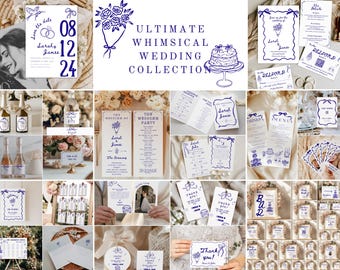 Hand Drawn Wedding Invitation Signs Bundle, Blue Whimsical Wedding Template Bundle, Artsy Wedding Stationery Bundle, Wedding Suite, H1