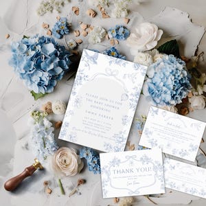 Dusty Blue Chinoiserie Baby Shower Invitation, Elegant Chinoiserie Floral Baby Invitation, Victorian French Toile De Jouy Baby Shower, CH1