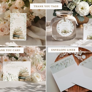 May include: A collection of stationery items including rectangular and circular thank you tags, a thank you card, and an envelope liner. Each piece features a printed illustration of stacked books adorned with delicate wildflowers and greenery.