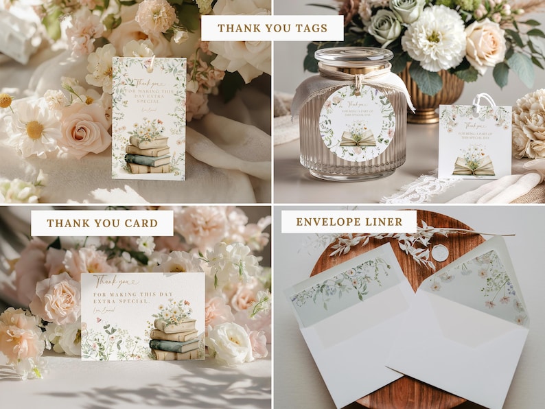 May include: A collection of stationery items including rectangular and circular thank you tags, a thank you card, and an envelope liner. Each piece features a printed illustration of stacked books adorned with delicate wildflowers and greenery.