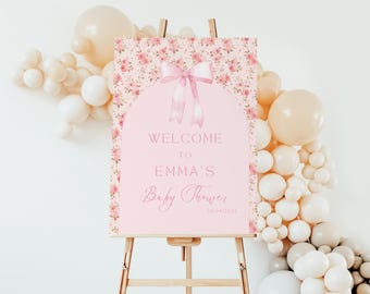 Vintage Pink Bow Rose Toile Baby Shower Welcome Sign, Editable