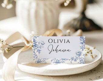 Dusty blue Name Card Template, floral Vintage Wedding Place Card Template, Printable Name Cards, Rustic French toile Place Card, Ch1