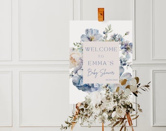Blue Baby in Bloom Baby Shower Welcome Sign, Boy Floral Shower Welcome sign, Dusty Blue Floral Baby Shower Sign, Light Blue Baby Shower Sign