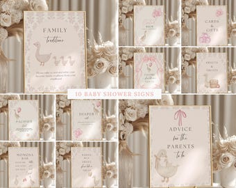 Letreros para baby shower de osito travieso, Letreros para baby shower de osito travieso en tela Toile de Jouy, Letreros de osito rosado estilo chinoiserie, decoraciones para baby shower