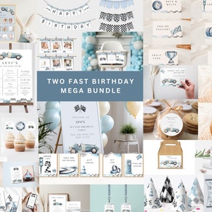 Two Fast Race Car Party Bundle, Vintage Race Car 2nd Birthday Invitation Bundle, Race Car Party Decorations, two fast birthday decorations