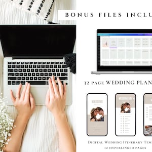 May include: A laptop computer with a white background and a bouquet of white flowers. The laptop screen shows a wedding planner with 32 pages. The image also shows three phone screens with the text "Wedding Day", "Wedding", and "Venue". The text "32 Page Wedding Planner" and "Digital Wedding Itinerary Template 12 Hyperlinked Pages" is also visible.