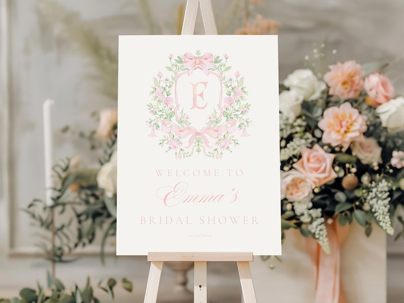 Chinoiserie Monogram Bridal Shower Welcome sign, Bridal Shower, Pink Floral Crest bridal shower, Victorian French Toile De Jouy Welcome sign