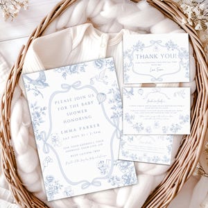 Dusty Blue Chinoiserie Baby Shower Invitation, Elegant Chinoiserie Floral Baby Invitation, Victorian French Toile De Jouy Baby Shower, CH2