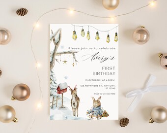 Winter Woodland Birthday Invitation: First Birthday, Any Age (Digital Download)
