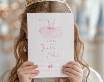 May include: A pink and white invitation card with a ballerina illustration and the text "She is Two Two Cute" with a pink heart. The invitation is for a second birthday party.