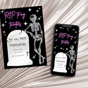 Editable Neon RIP to twenty party Invitation, Death to 20s invite, Skull Invite, Halloween Party Invite, Gothic Party, 30th Birthday