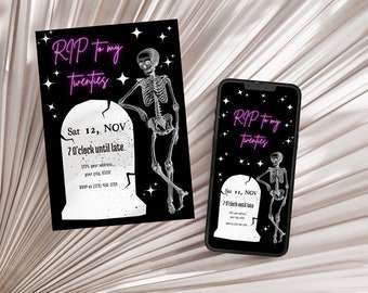 Editable Neon RIP to twenty party Invitation, Death to 20s invite, Skull Invite, Halloween Party Invite, Gothic Party, 30th Birthday