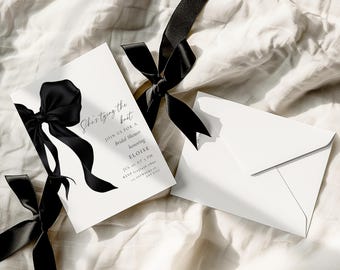 Elegant Black Bow Bridal Shower invitation template, She's Tying the Knot Modern Black Bow Bridal Shower Invitation, bride to be, D1