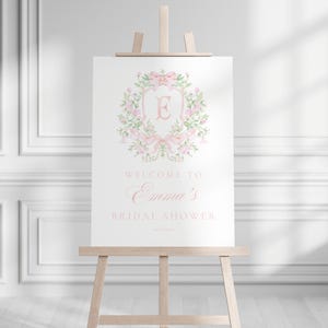 Chinoiserie Monogram Bridal Shower Welcome sign, Bridal Shower, Pink Floral Crest bridal shower, Victorian French Toile De Jouy Welcome sign