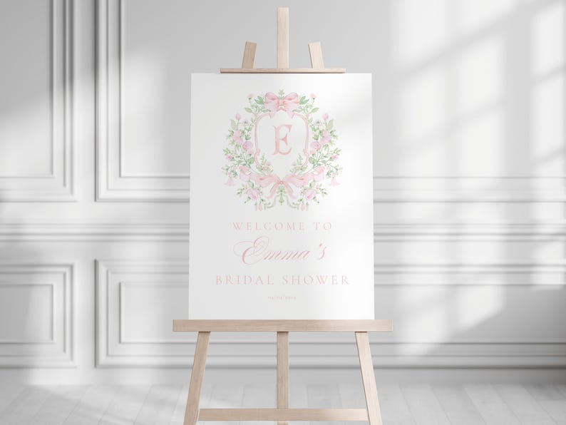 Chinoiserie Monogram Bridal Shower Welcome sign, Bridal Shower, Pink Floral Crest bridal shower, Victorian French Toile De Jouy Welcome sign
