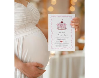 Cherry Baby Shower Invitation, Cherry on top Invite Set, Coquette Pink Bow Berries, Girl Baby Shower, Editable Instant Download, Ch6