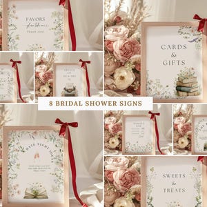 May include: A collection of eight rectangular signs in light wood frames, each featuring floral illustrations and text including Favors, Cards & Gifts, Advice, Date Night Ideas, Mimosa Bar, and Sweets & Treats, accented with a red ribbon.