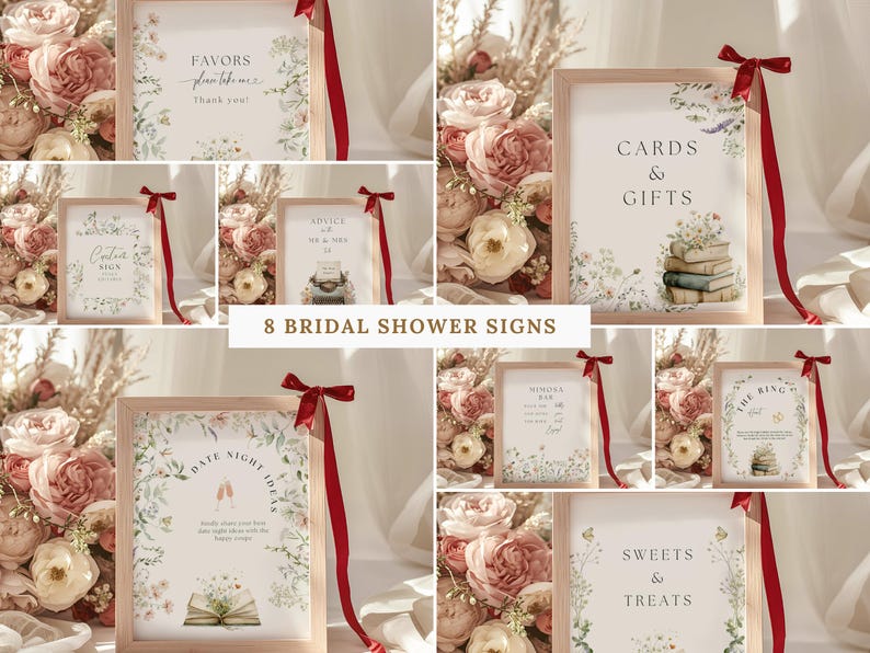 May include: A collection of eight rectangular signs in light wood frames, each featuring floral illustrations and text including Favors, Cards & Gifts, Advice, Date Night Ideas, Mimosa Bar, and Sweets & Treats, accented with a red ribbon.