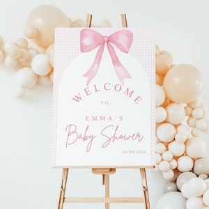 Pink Bow Welcome Sign for Baby Shower, Pink Bow Ribbon Watercolor Baby Shower,  Blush Pink 1st Birthday, Minimalist Baby Shower, B1