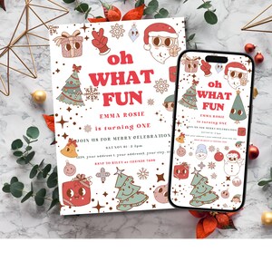 Editable Christmas Birthday Invitation, Oh What Fun Christmas Birthday Party, Red Green Girl Christmas Birthday Party, Christmas party, W5