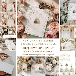 Pode incluir: Um conjunto de papelaria para chá de panela com um design floral e de livros empilhados com o texto A NEW CHAPTER BEGINS. O conjunto inclui convites, placas, menus, marcadores de lugar, etiquetas de lembrancinhas e envelopes com tons botânicos.