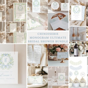 Chinoiserie Monogram Bridal Shower Bundle, Floral Crest bridal shower, Victorian French Toile De Jouy Bridal Shower Bundle, Something Blue