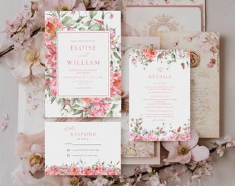 May include: A collection of wedding stationery featuring floral designs. The invitation card displays the names "Eloise" and "William" with event details. Other cards include "The Details" and a response card, all adorned with pink and green floral accents.