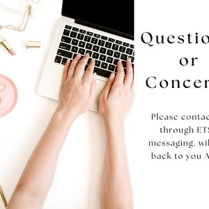 Op de afbeelding: Een persoon typt op een laptop met de tekst "Vragen of zorgen. Neem contact met ons op via ETSY-berichten. We zullen zo snel mogelijk contact met u opnemen."