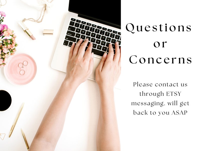 Op de afbeelding: Een persoon typt op een laptop met de tekst "Vragen of zorgen. Neem contact met ons op via ETSY-berichten. We zullen zo snel mogelijk contact met u opnemen."