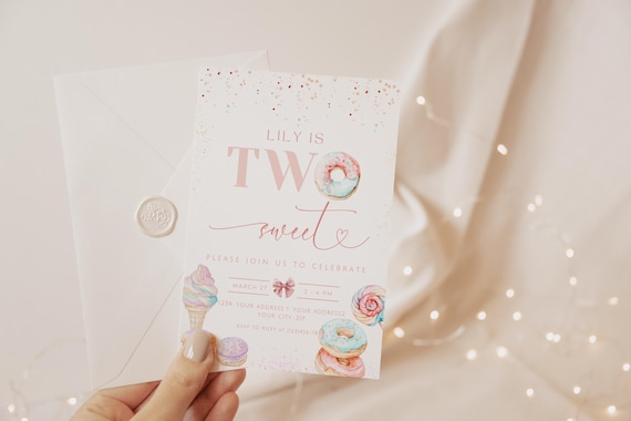 Two Sweet Birthday Invitation, 2nd Birthday Girl,  Donut Invitation Blush Pink Two Year Dessert Invite, Two Sweet Invitation Girl, S5