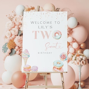 Letrero de bienvenida para dos dulces cumpleaños, niña de segundo cumpleaños, letrero de bienvenida con dona, letrero de bienvenida con dos postres rosa ruborizado, dos dulces invitaciones para niña, S5