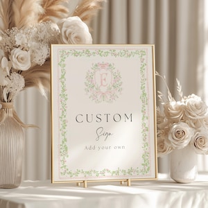 Chinoiserie Monogram Baby Shower Custom Sign,  Bridal Shower Custom Sign, Pink Floral Crest Baby Shower Custom Sign, Victorian French Toile