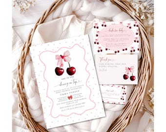 Cherry Baby Shower Invitation, Cherry on top Invite Set, Coquette Pink Bow Berries, Girl Baby Shower, Editable Instant Download, Ch4