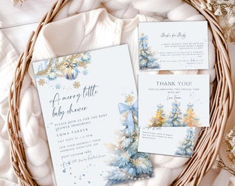 May include: A blue and gold baby shower invitation with a watercolor illustration of a Christmas tree. The invitation reads "A merry little baby shower" and includes the name Emma Parker, the date and time of the shower, and the address. The invitation also includes a request for guests to bring a book instead of a card.
