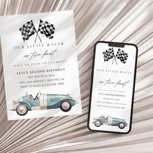 TWO Fast Birthday Invitation, Blue Vintage Race Car Birthday, Two Fast Birthday Invite, Retro Race Car Birthday, RD1