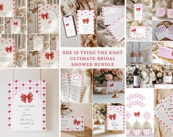 Editable She's Tying the Knot Bridal Shower Invitation and Games Bundle, Pink Bow Bridal Invite, Bridal Shower Decor, Bridal Shower Bundle
