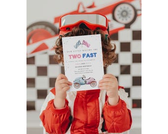 May include: A child in a red racing helmet and jacket displays a birthday invitation. The invitation says "Our Little Racers Are Two Fast" with a race car illustration. The background has a chequered pattern and a race car.