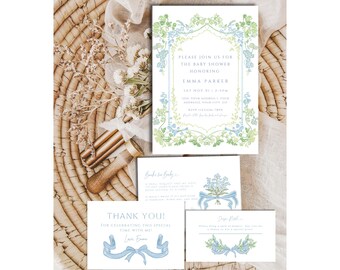 Chinoiserie Monogramm-Babyparty-Einladung, elegante Chinoiserie Blumen-Babypartyeinladung, viktorianische französische Toile De Jouy-Babyparty, MD1