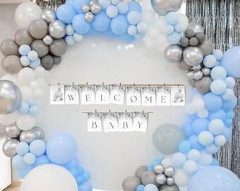 Editable Baby Shower Banner Template, Baby Shower Custom Banner, Dusty Blue baby Shower, Floral Baby Shower Banner, Baby in Bloom Shower