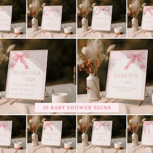 Letreros editables para baby shower en color rosa, letreros de acuarela con lazo rosa, letreros minimalistas para baby shower con lazo de acuarela rosa, decoraciones para baby shower