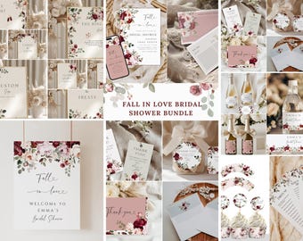 May include: A collection of bridal shower stationery and decorations. The items feature a floral design with burgundy and cream-colored flowers. Included are signs, cards, tags, cupcake toppers, and champagne bottle labels. The text "Fall in Love Bridal Shower Bundle" is visible.